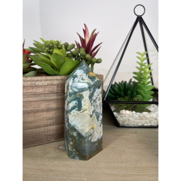 Moss Agate Druzy Tower Polished Stone Crystal - Picture 2 of 10